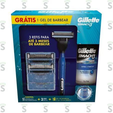  Kit Gillette Mach3 Aqua Grip Aparelho+carga+gel 1un