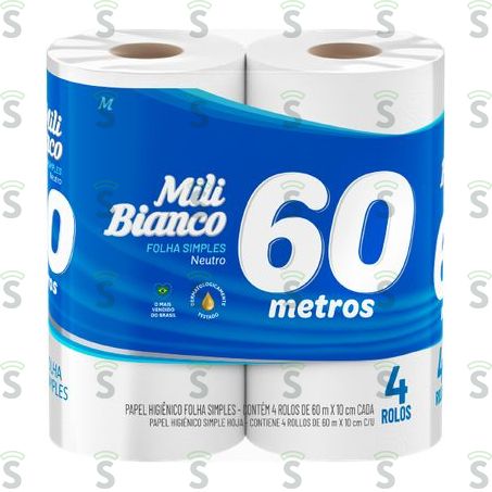  Papel Higiênico Mili Bianco Neutro 60 Metros Pacote 4 Un