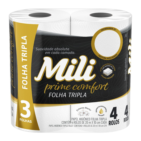 Papel Higiênico Mili Prime 20m - Folha Tripla - Com 4 Rolos