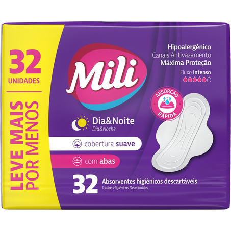 Absorvente Mili Suave - Dia e Noite - Com Abas - Com 32 Absorventes