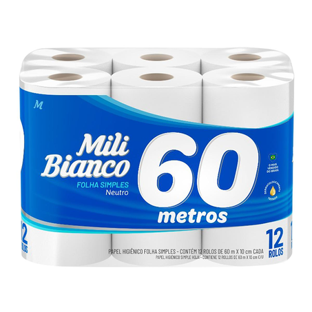 Papel Higiênico Mili Folha Simples - Neutro - 60m - Leve 12, Pague 11 Rolos