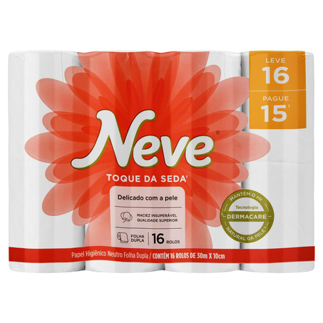 Papel Higiênico Neve 30m - Folha Dupla - Neutro - Leve 16, Pague 15 Rolos
