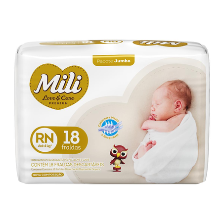Fralda Mili Love & Care Jumbo Recém-nascido - Com 18 Fraldas