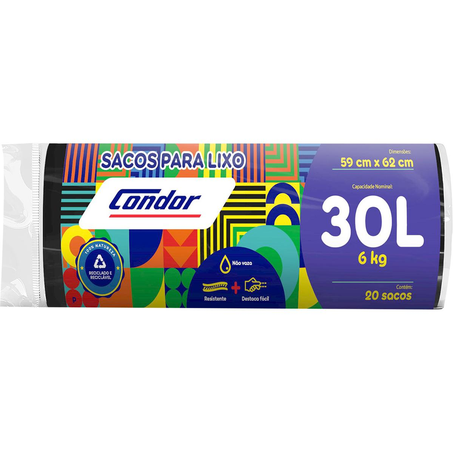 Saco para Lixo Condor 30 Litros - Com 20 Sacos - Preto